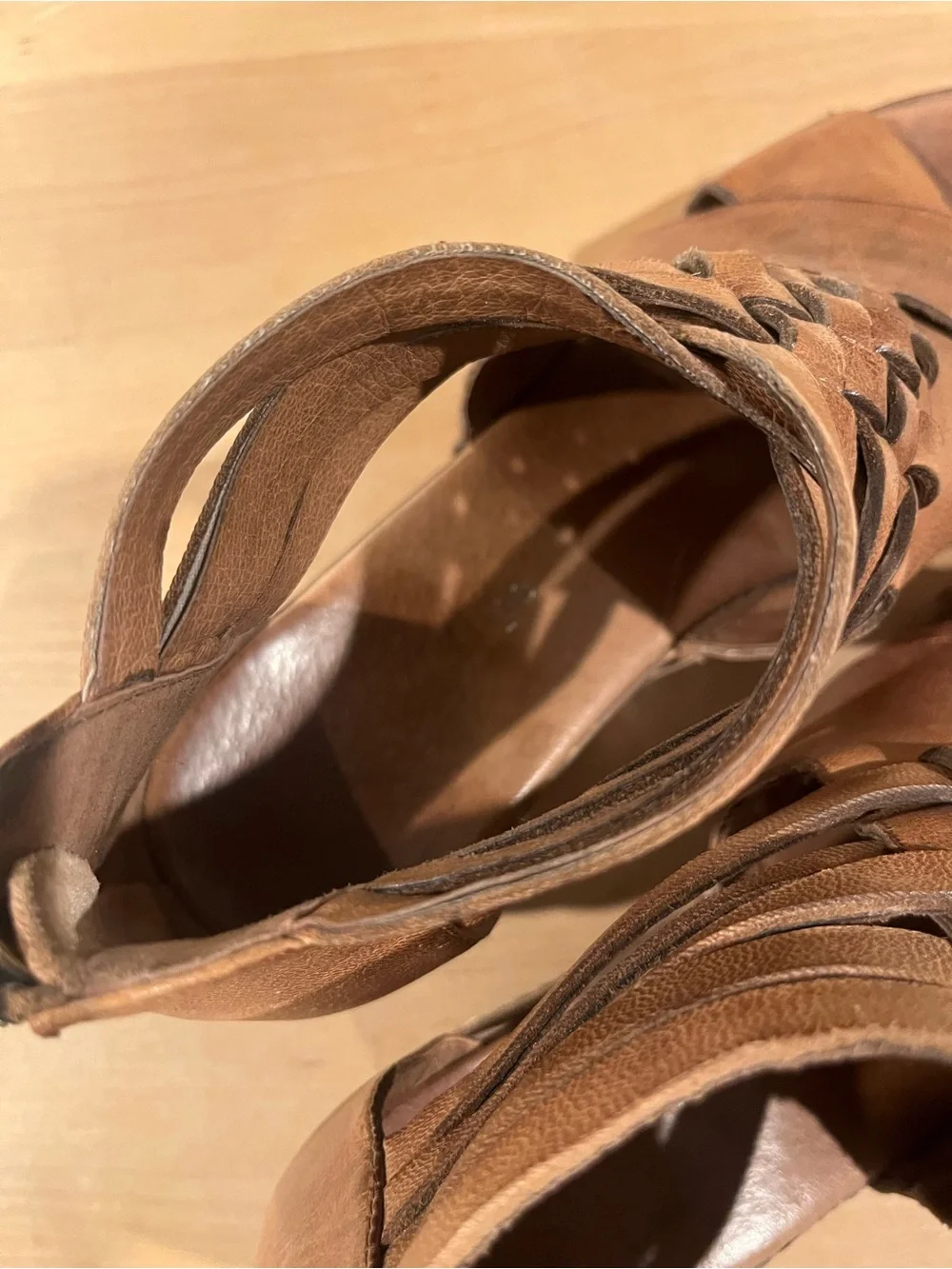 Antelope Cognac Braided Leather Wedge Sandals
